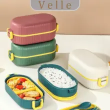 VELLE Lunch Box 900ml Tempat Bekal Makan Dua Sekat Kedap Udara Anti Tumpah dengan Sendok Garpu dan Sumpit