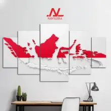 Navilera Poster Kayu Peta Indonesia 5 Panel Hiasan Dinding Merah Putih Elegan