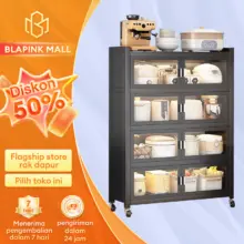 Lemari Rak Dapur Minimalis Serbaguna dengan Pintu Transparan dan Roda untuk Penyimpanan Peralatan Dapur