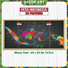 DecorArt Poster Peta Indonesia 38 Provinsi 4 Panel MDF 60×30 cm Hiasan Dinding Sekolah dan Rumah