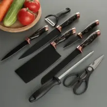 Set Pisau Dapur Premium 9 Pcs Stainless Steel Anti Karat + Gunting & Pengasah – Desain Marmer Elegan