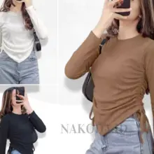 Valen Crop Top Blouse Wanita Knit Rib Lengan Panjang Polos Kekinian