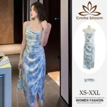 EMITA BLOOM Blue Floral Dress Elegan Biru Muda Long Dress Summer Korea Style untuk Pesta dan Pantai
