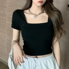 Crop Top Wanita Leher Kotak Lengan Pendek Bahan Voxy Slim Fit Casual