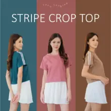 Atasan Wanita Crop Top Two Stripe Lengan Pendek Cotton Combed Sporty Korean Style