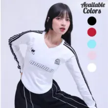 NOMOLU Croptop Long Sleeve Wanita Lengan Panjang V Neck Casual Basic