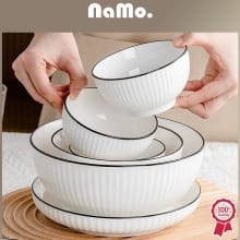 Set Piring & Mangkuk Keramik Elegan 6 PCS – Pola Diamond Putih List Hitam