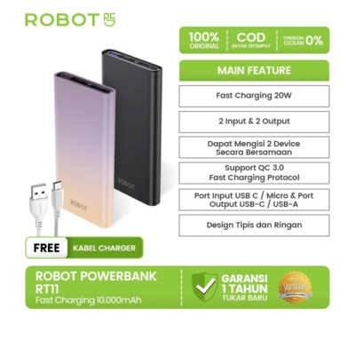 Powerbank Robot RT11 Gradient Ungu 10.000 mAh – 2 Port Input & Output