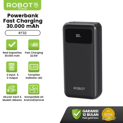 ROBOT RT32 – Powerbank Super Kapasitas 30.000mAh, Fast Charging 15W