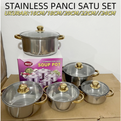 Set Panci Stainless Steel 5 Ukuran dengan Steamer